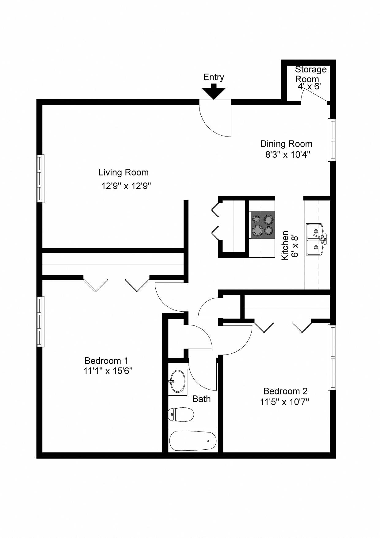 Floor plan for 2 beds, 1 bath, 950 sqft